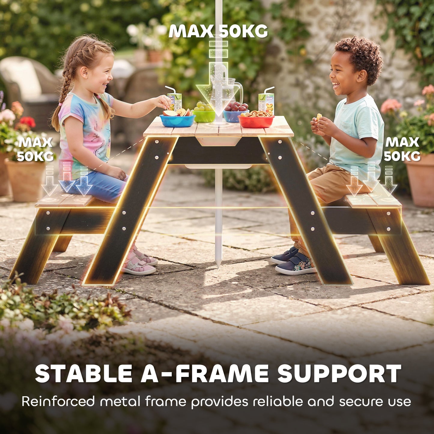 Picnic Table for Kids with Sunshade Parasol, 3 in 1 Wooden Sand and Water Table with 2 Hidden Play Boxes, Kids Garden Furniture for Patio, Garden, Ages 3-6, Natural Wood