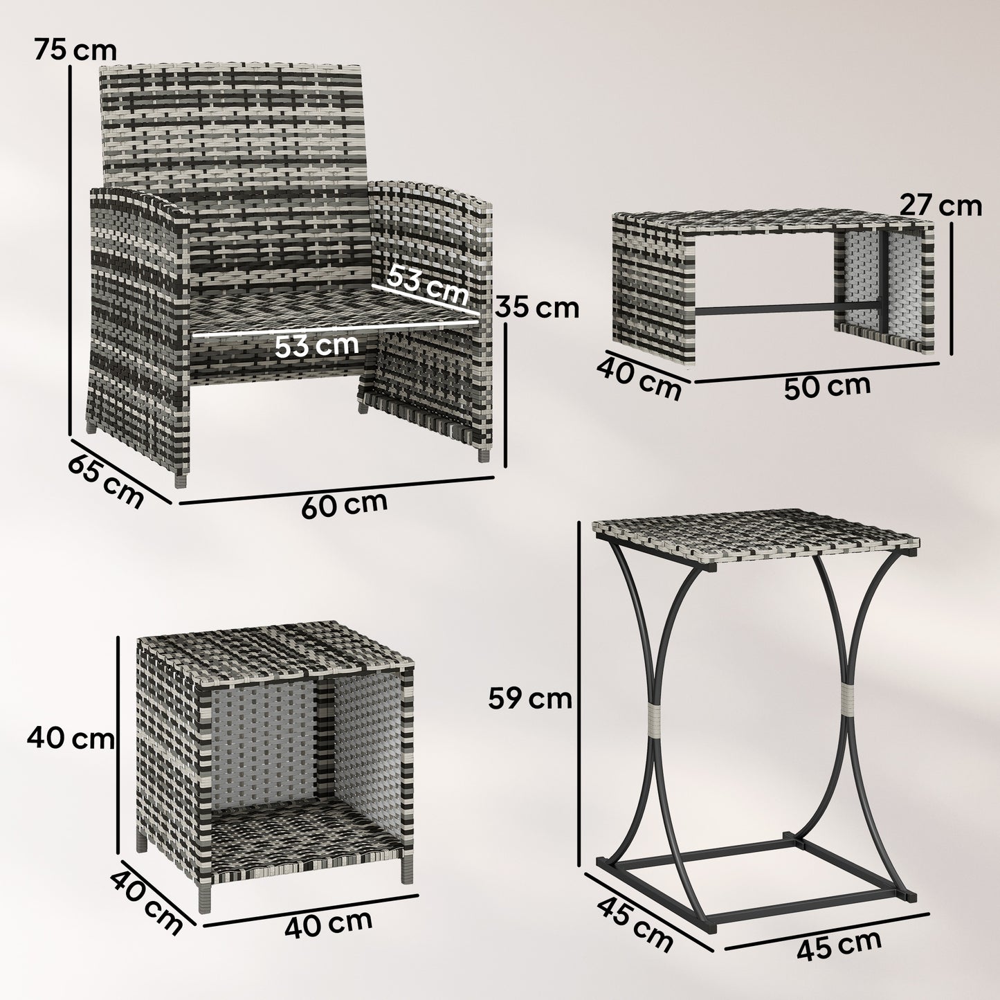6 Piece Rattan Garden Furniture Set with Nesting Tables, Grey