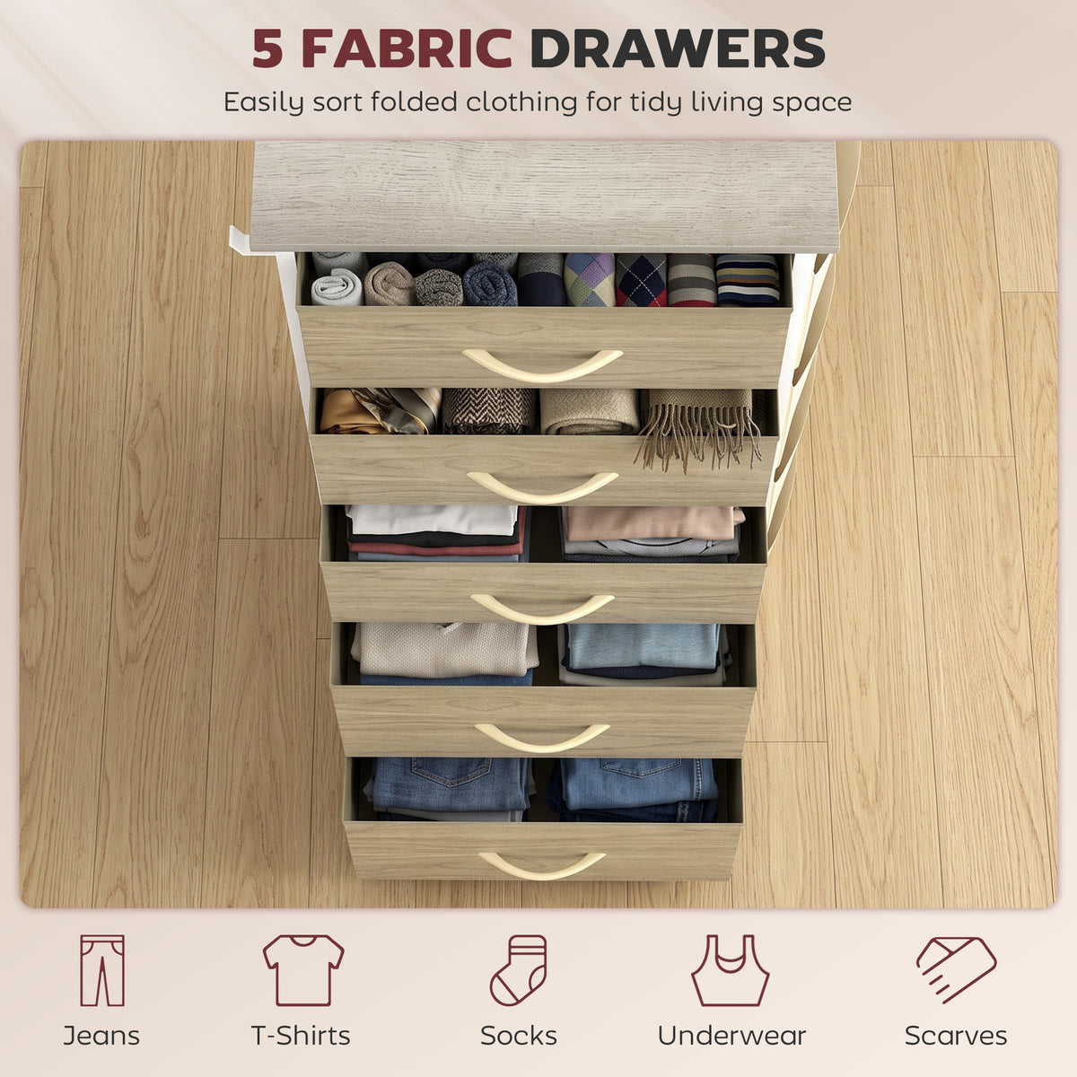 Fabric Chest of Drawers, 5 Drawer Dresser for Bedroom, Natural Wood