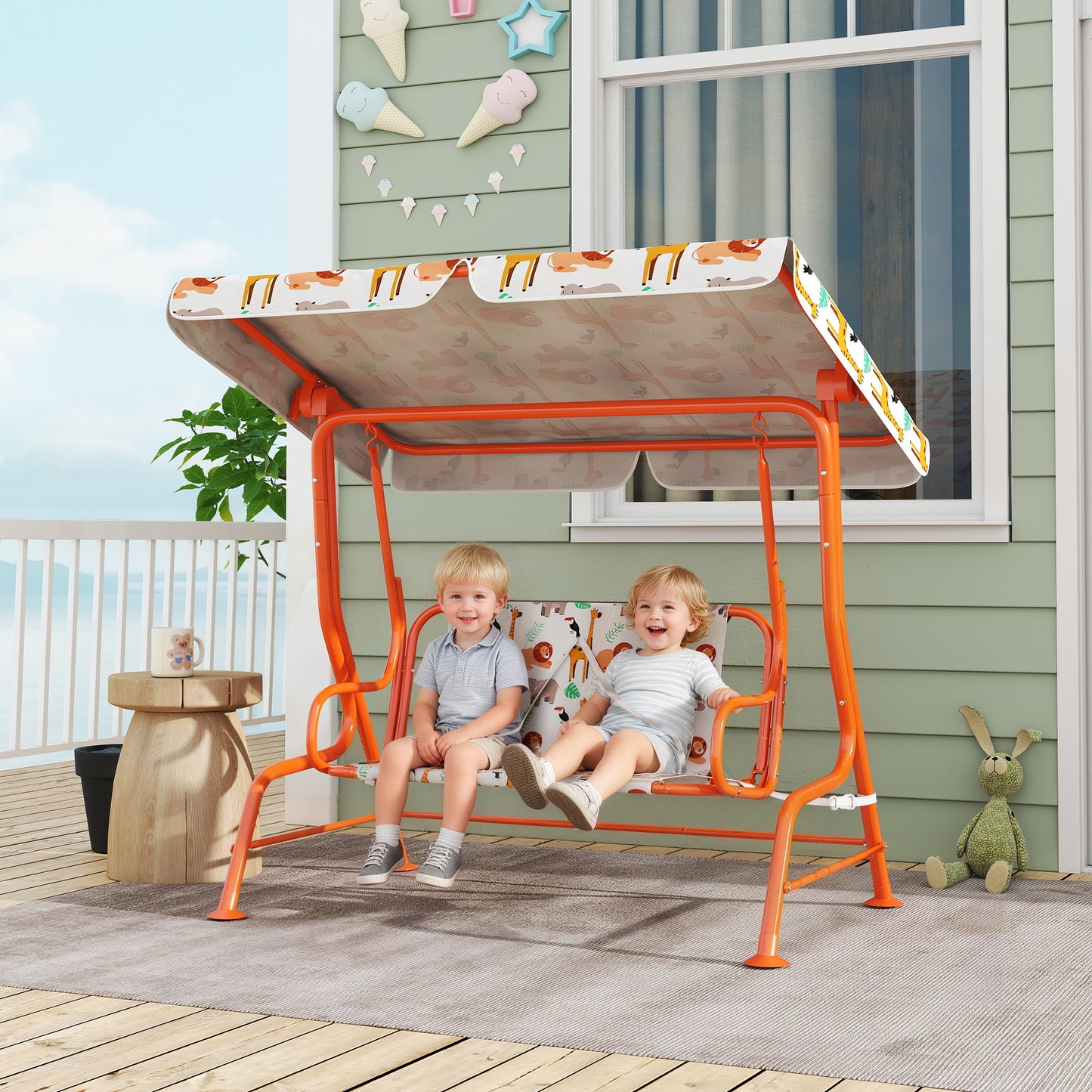Kids Porch Swing with Seat Belts, Adjustable Canopy, Orange