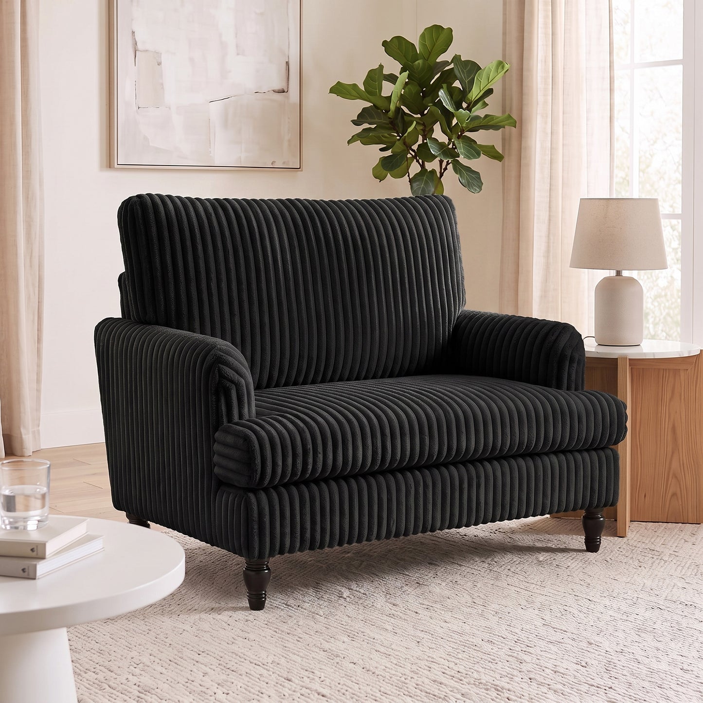 Corduroy Single Sofa Armchair with Stripes, Black