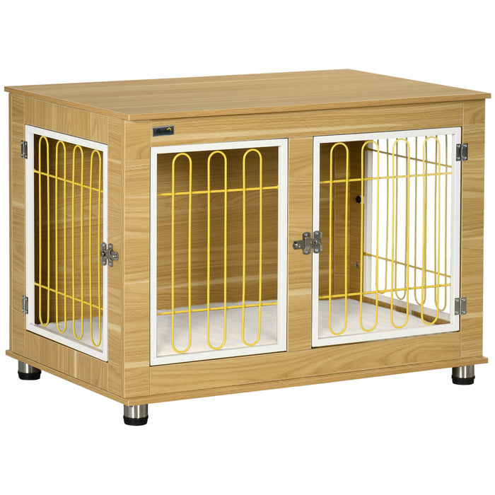 Dog Crate Furniture, Dog Cage End Table. with Soft Cushion, Double Door - Oak Tone