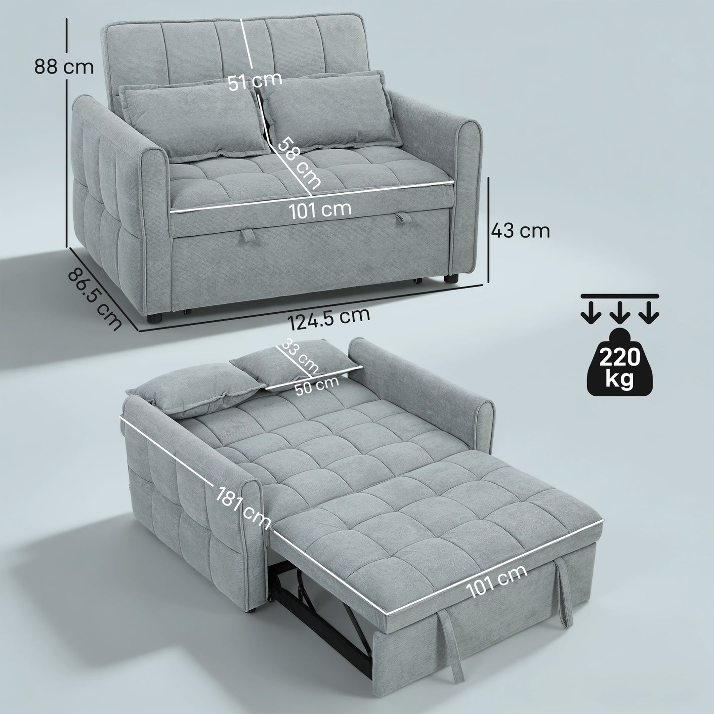 2 Seater Sofa Bed, 3-in-1 Sleeper Sofa with Adjustable Backrest