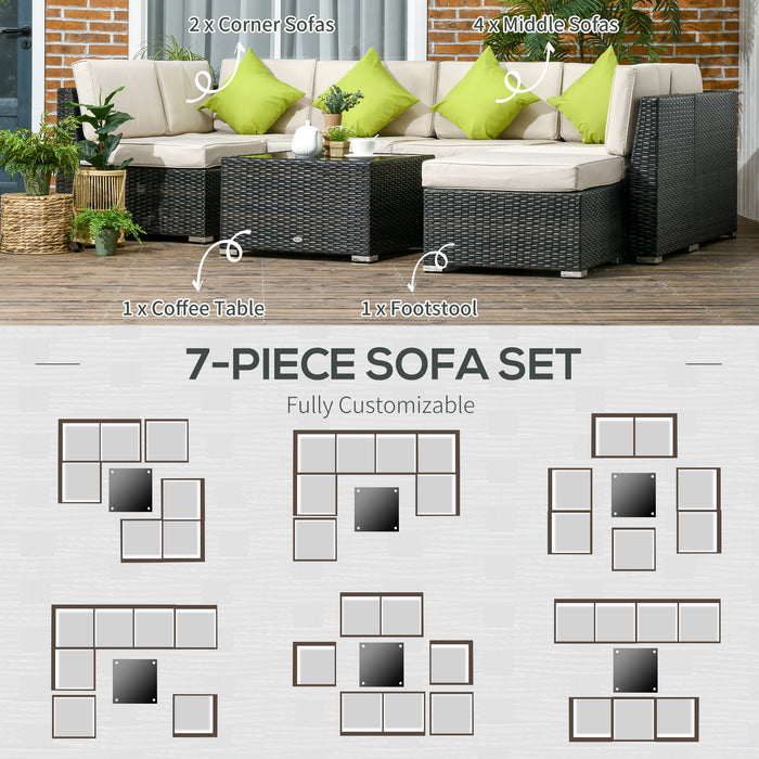 7-Seater PE Rattan Sofa Set Garden Wicker Furniture Set w/ Corner Sofa Set, Cushion, Cushion Cover and Tempered Glass Table, Brown