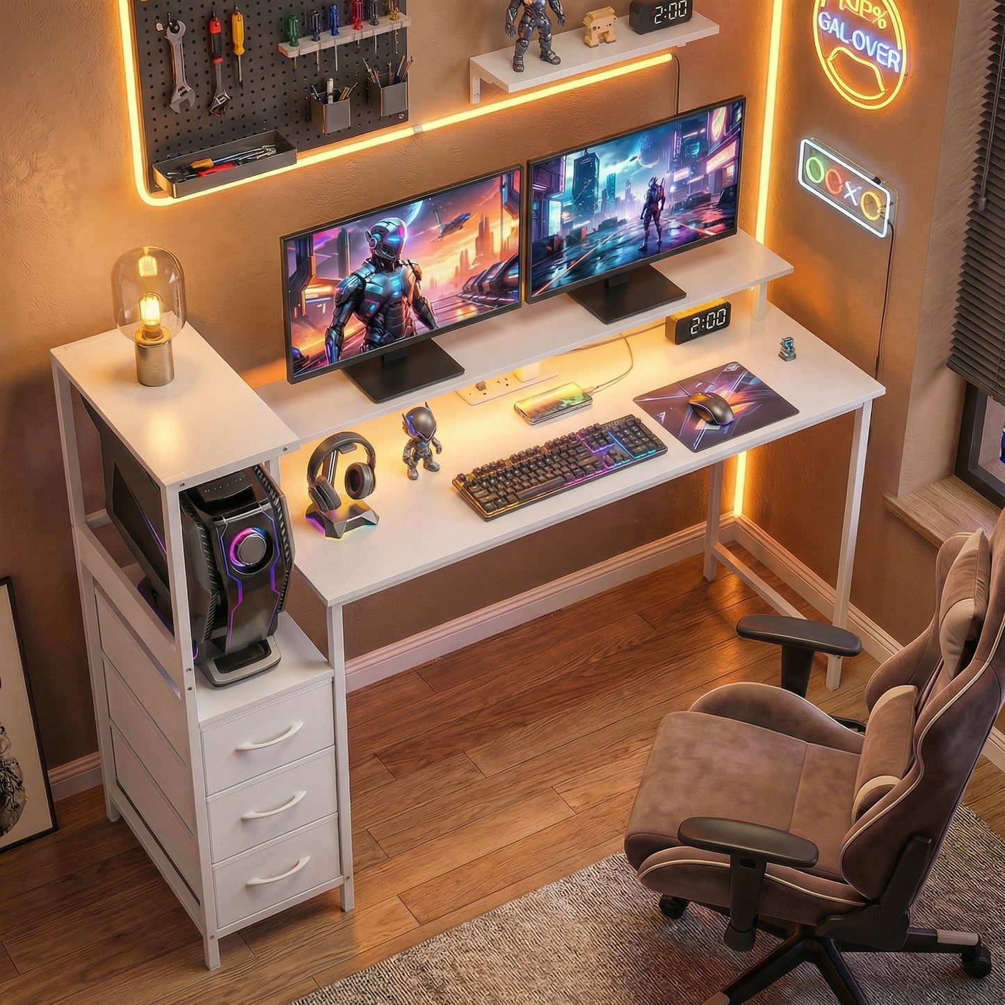 147cm Gaming Desk with Charging Station and RGB Lights, White
