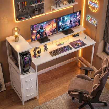 147cm Gaming Desk with Charging Station and RGB Lights, White