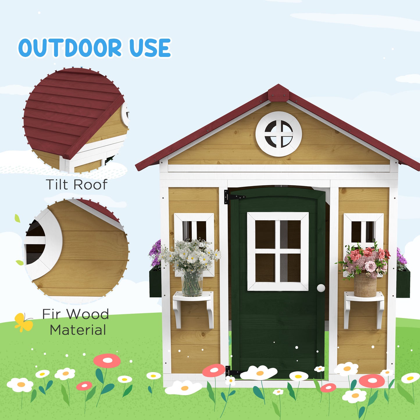Wooden Playhouse with Doors, Windows, Plant Pots, Boxes, for 3-8 Years - Beige