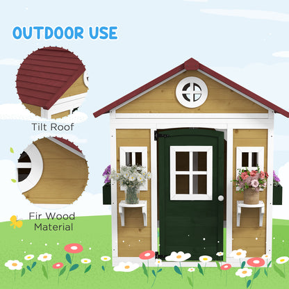 Wooden Playhouse with Doors, Windows, Plant Pots, Boxes, for 3-8 Years - Beige