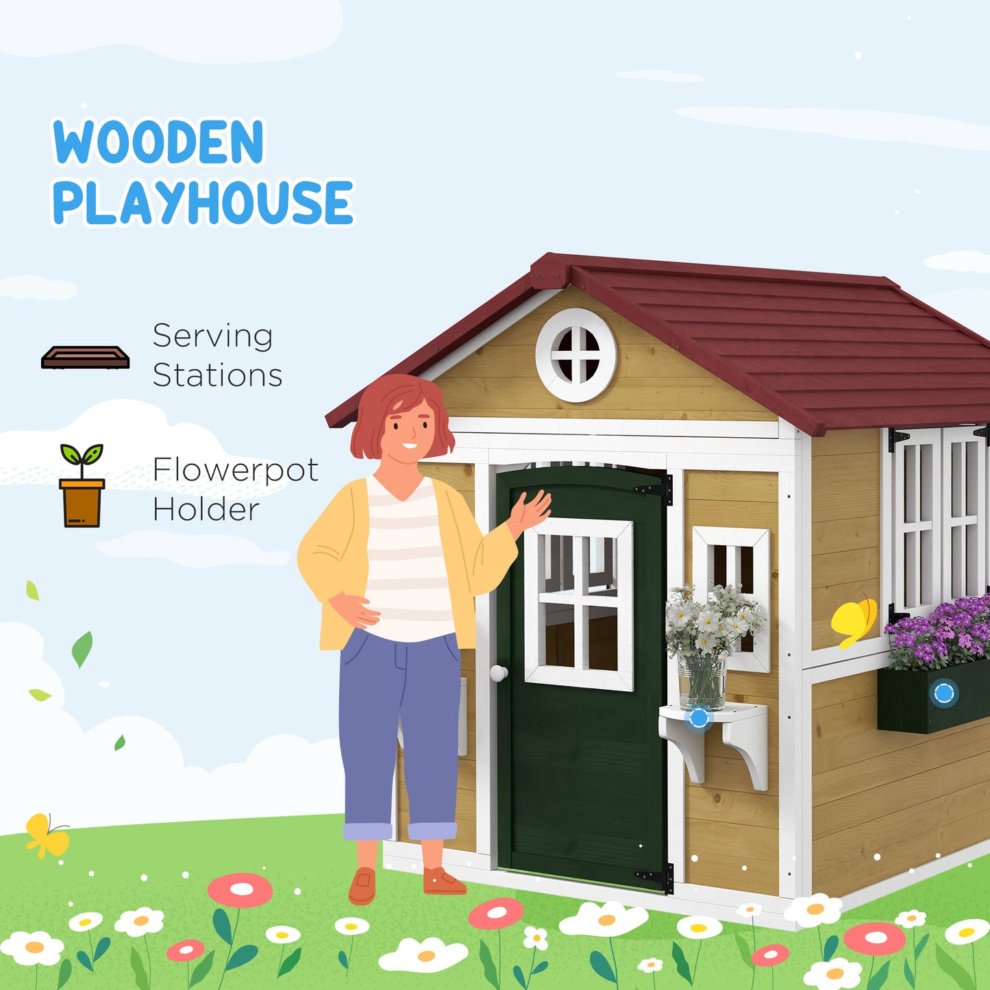 Wooden Playhouse with Doors, Windows, Plant Pots, Boxes, for 3-8 Years - Beige