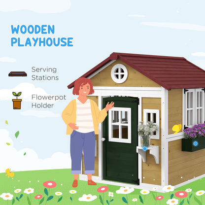 Wooden Playhouse with Doors, Windows, Plant Pots, Boxes, for 3-8 Years - Beige