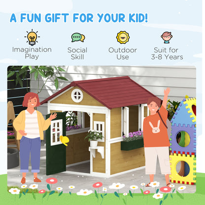 Wooden Playhouse with Doors, Windows, Plant Pots, Boxes, for 3-8 Years - Beige
