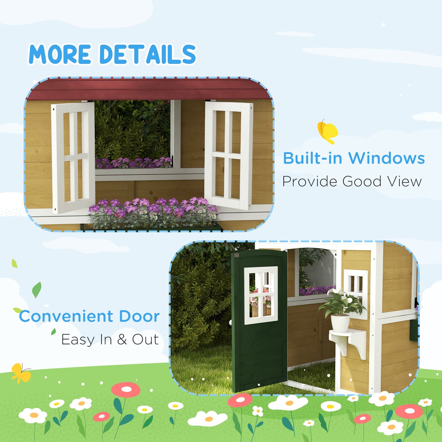 Wooden Playhouse with Doors, Windows, Plant Pots, Boxes, for 3-8 Years - Beige