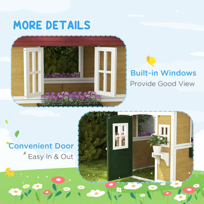 Wooden Playhouse with Doors, Windows, Plant Pots, Boxes, for 3-8 Years - Beige