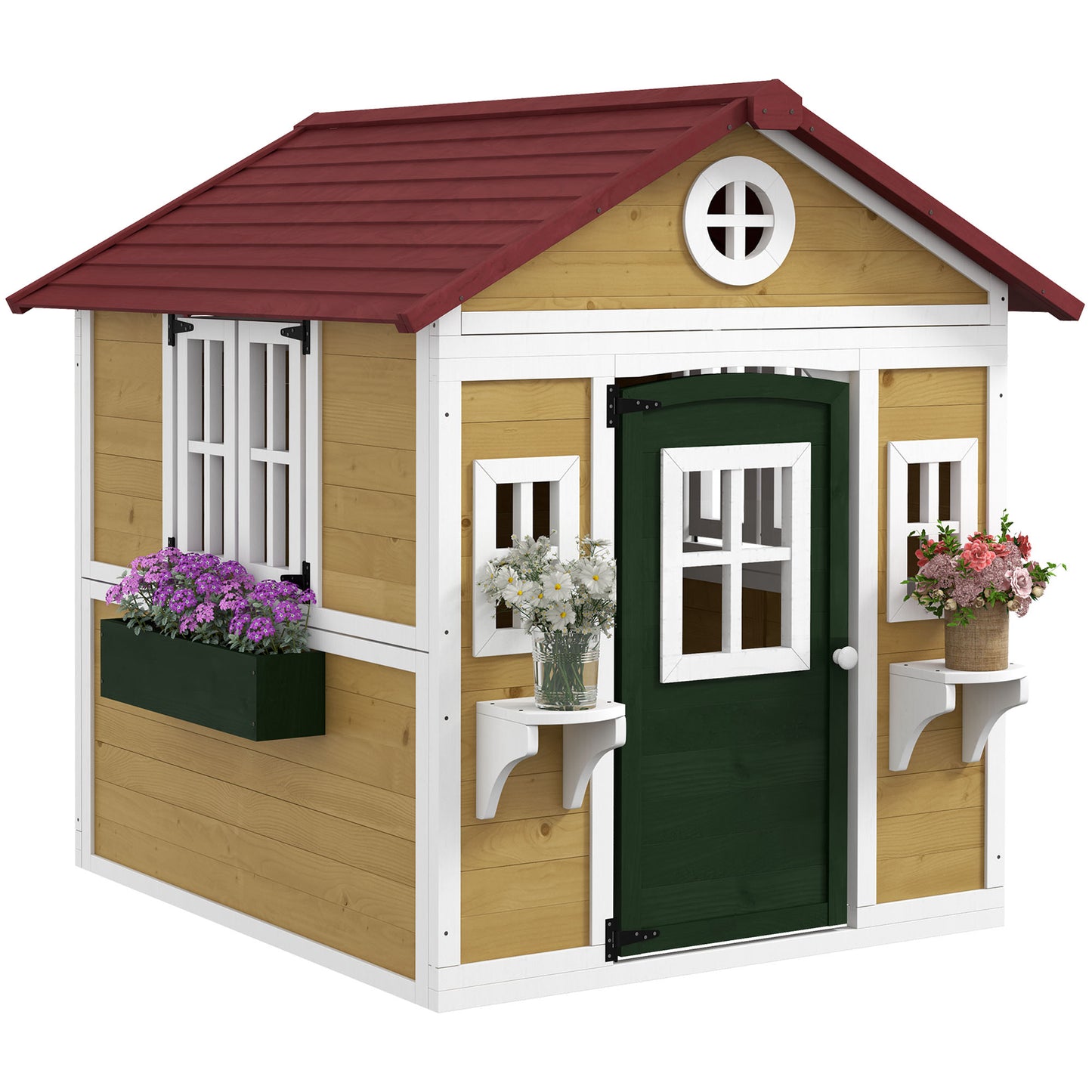 Wooden Playhouse with Doors, Windows, Plant Pots, Boxes, for 3-8 Years - Beige