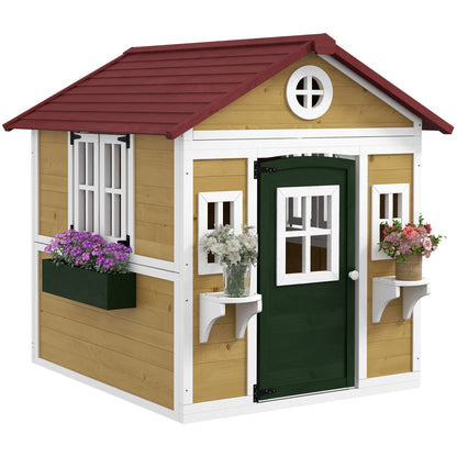 Wooden Playhouse with Doors, Windows, Plant Pots, Boxes, for 3-8 Years - Beige
