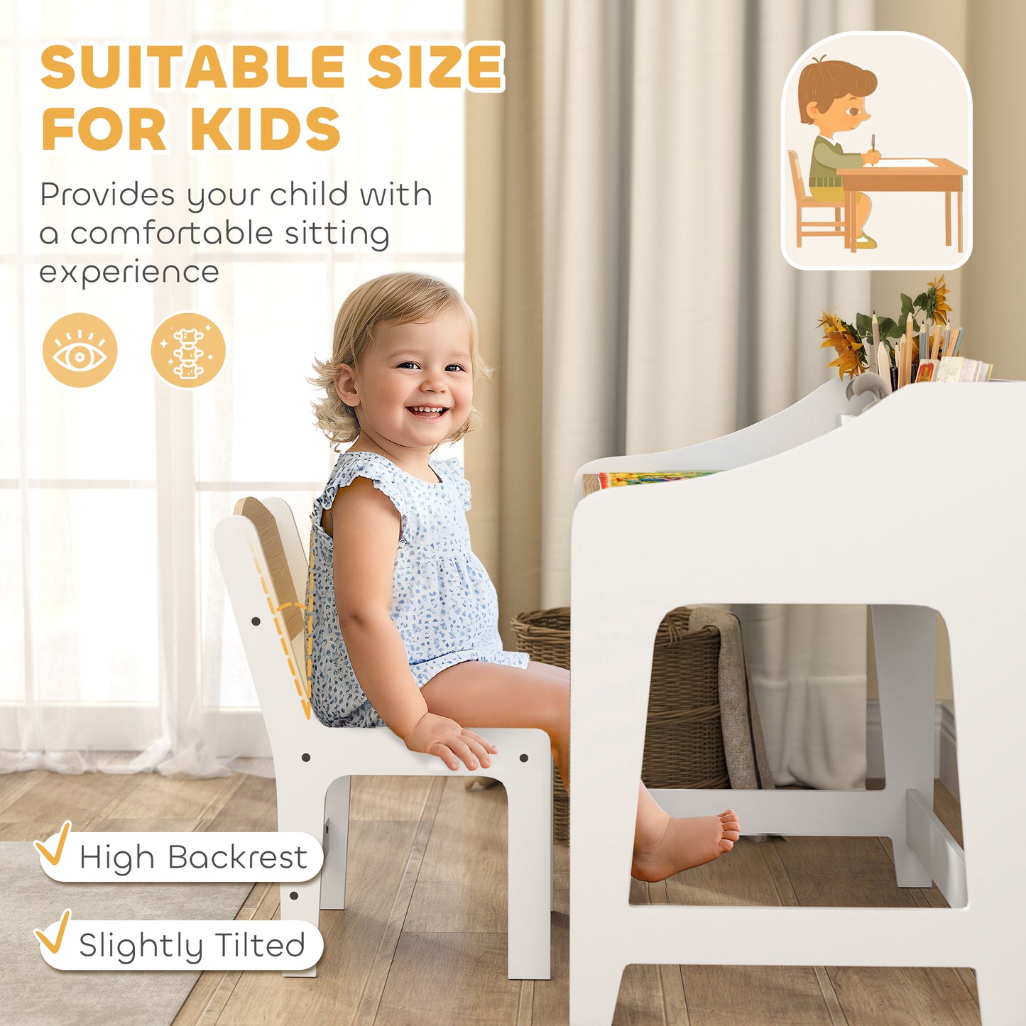 Kids Desk and Chair Set, Children Study Table with Storage, Natural
