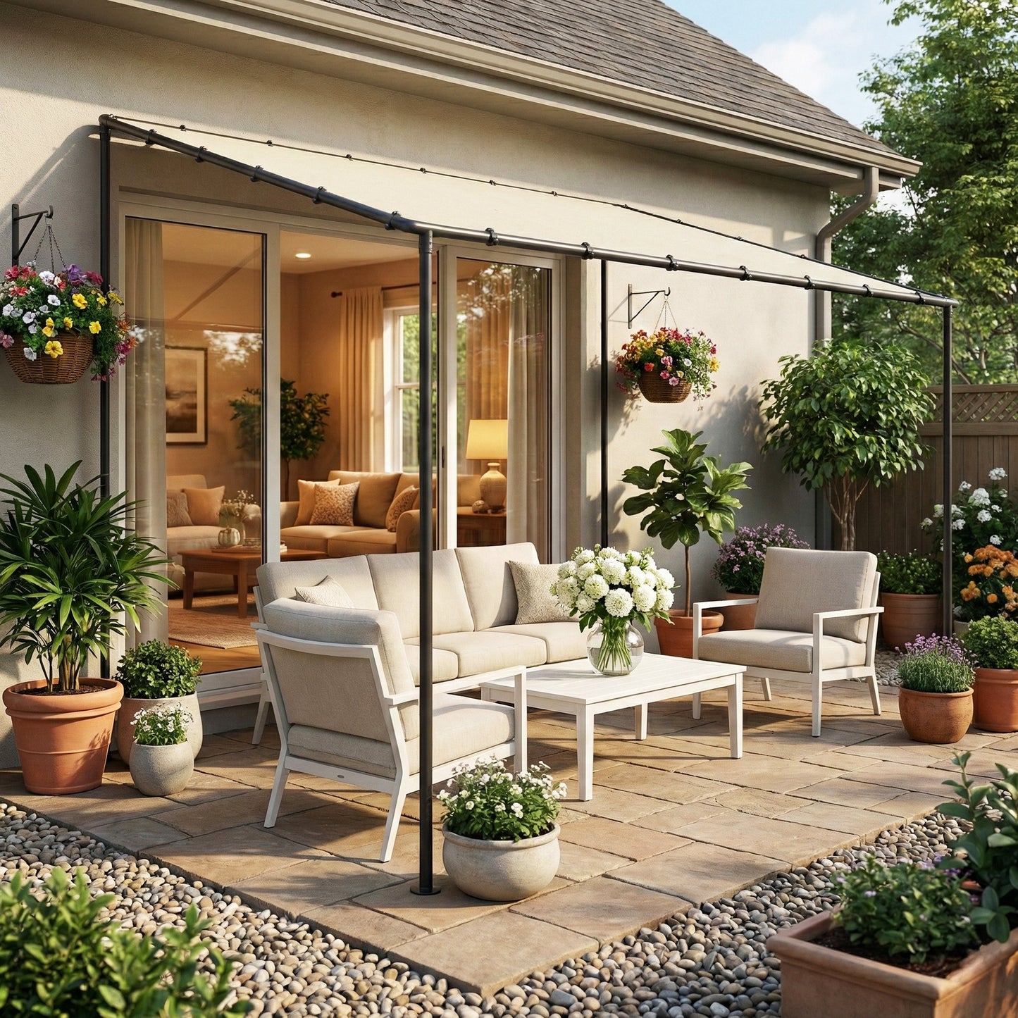 3 x 2 m Lean to Garden Pergola, Metal Frame Gazebo Pergola, Cream