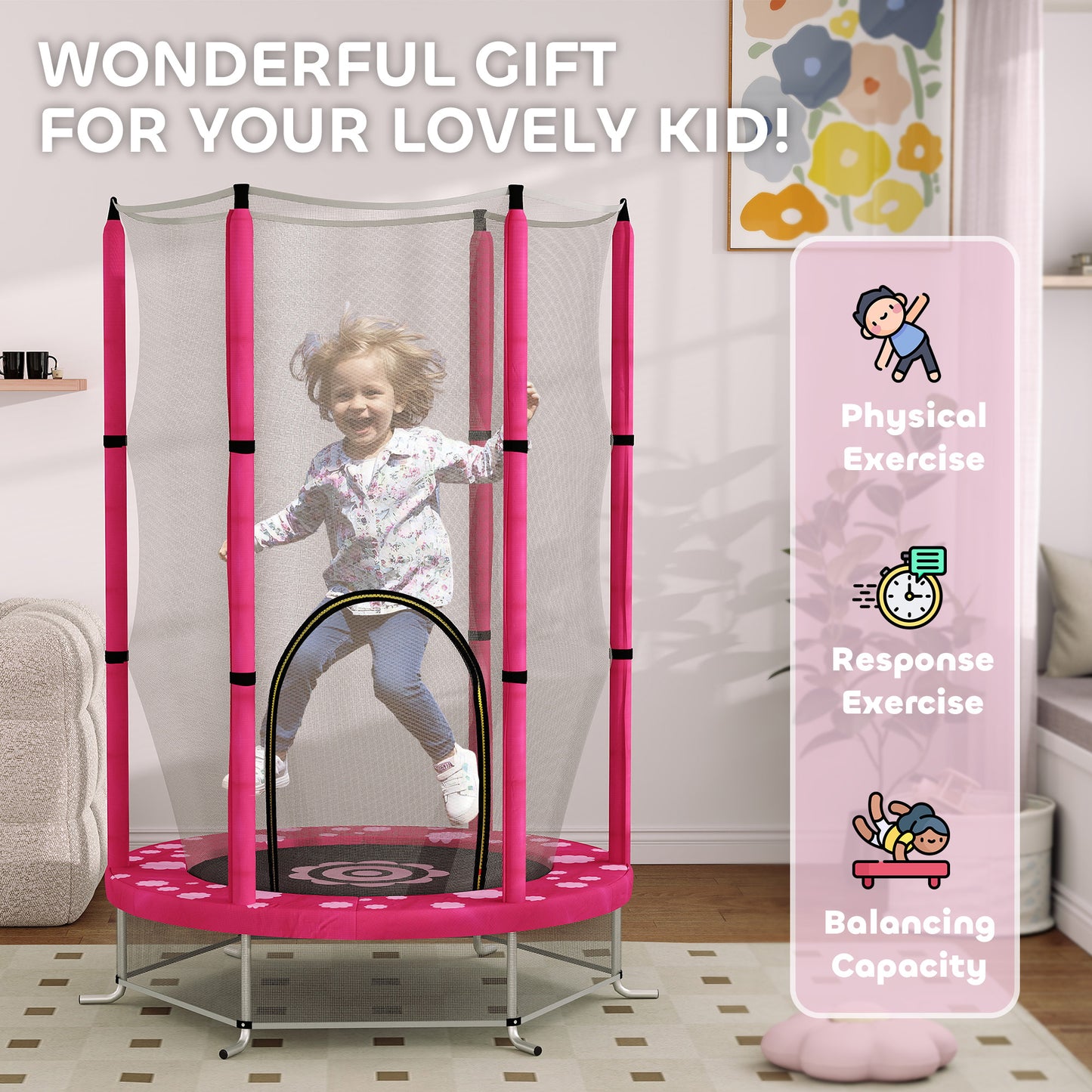 4.6FT Kids Trampoline with Safety Enclosure Net - Pink