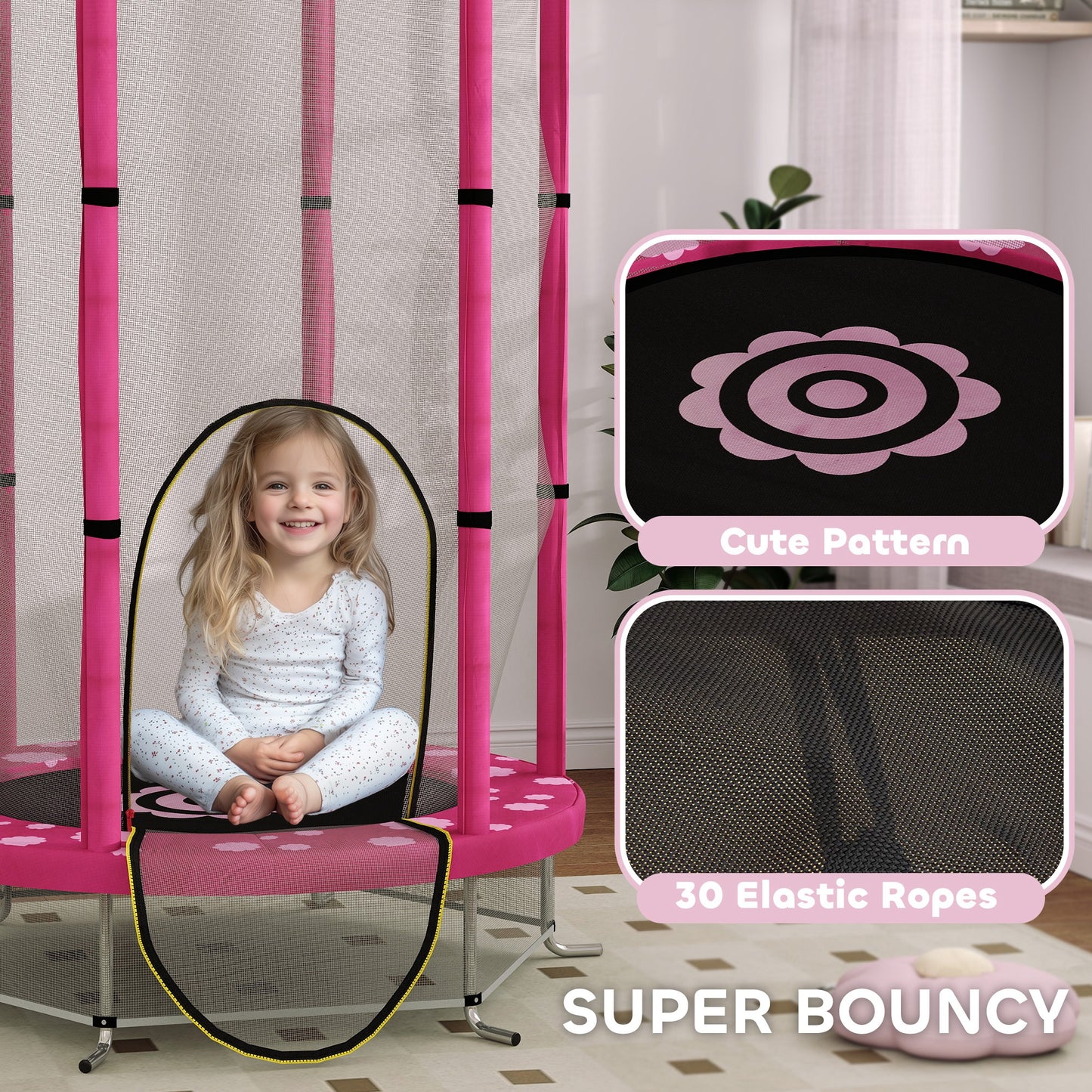 4.6FT Kids Trampoline with Safety Enclosure Net - Pink