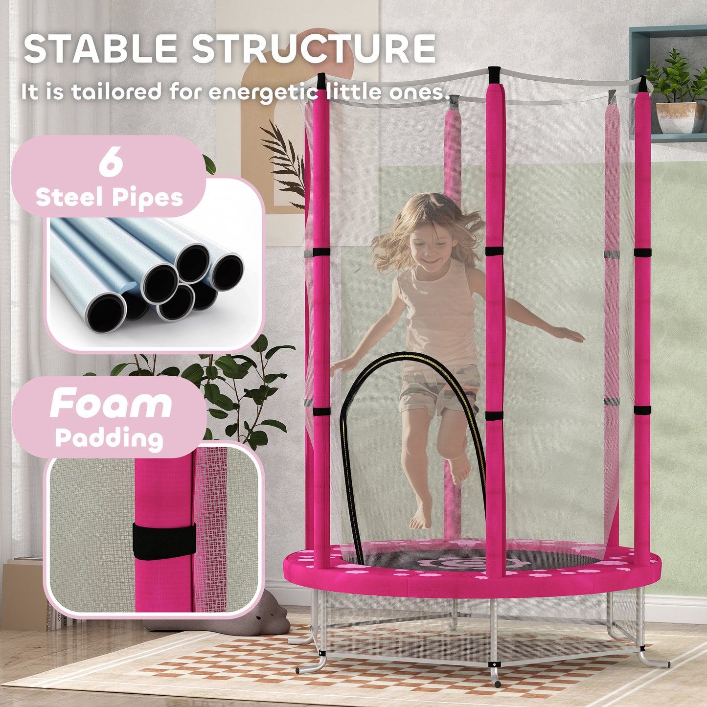 4.6FT Kids Trampoline with Safety Enclosure Net - Pink