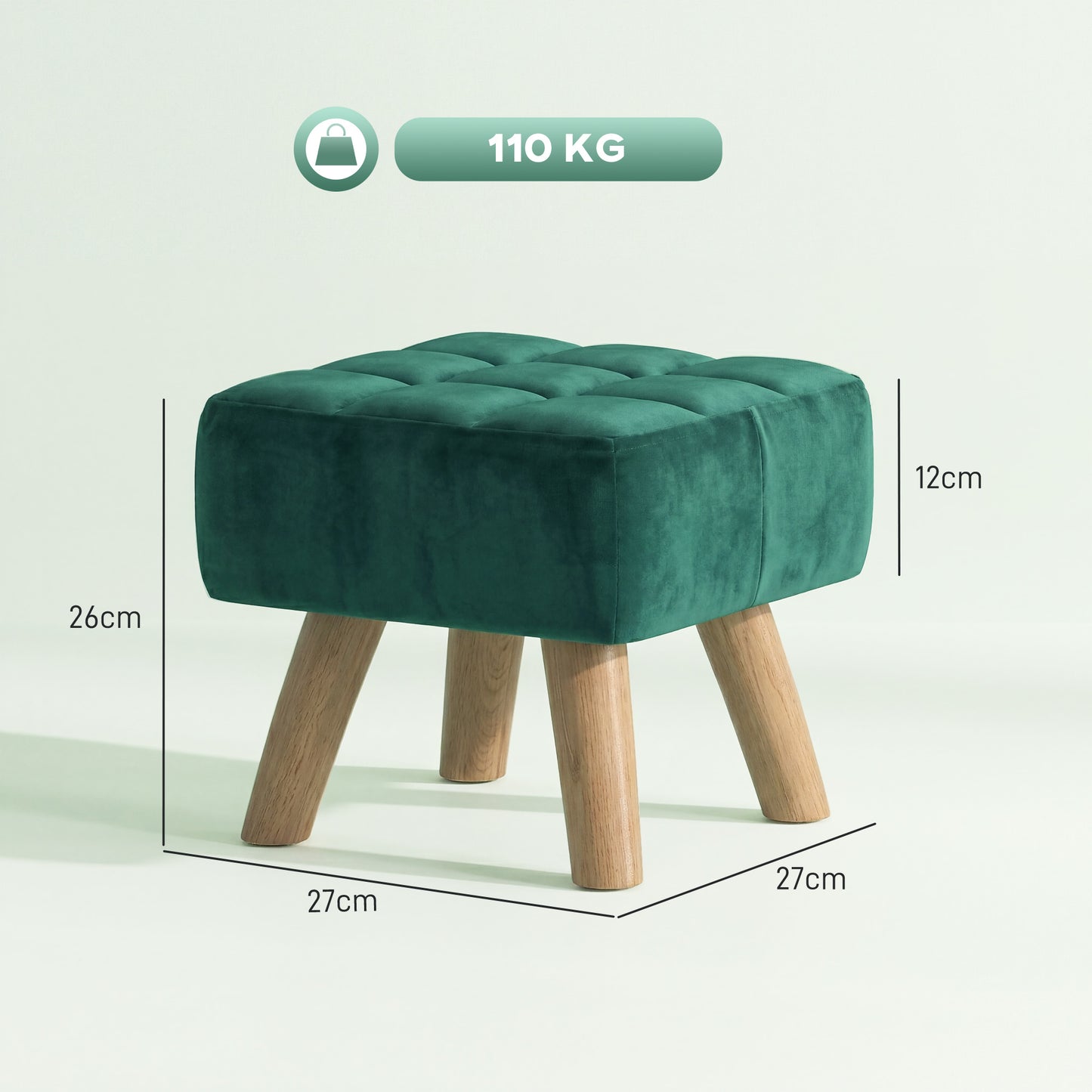 Modern Footstool, Fabric Foot Rest with Rubber Wood Legs, Dark Green