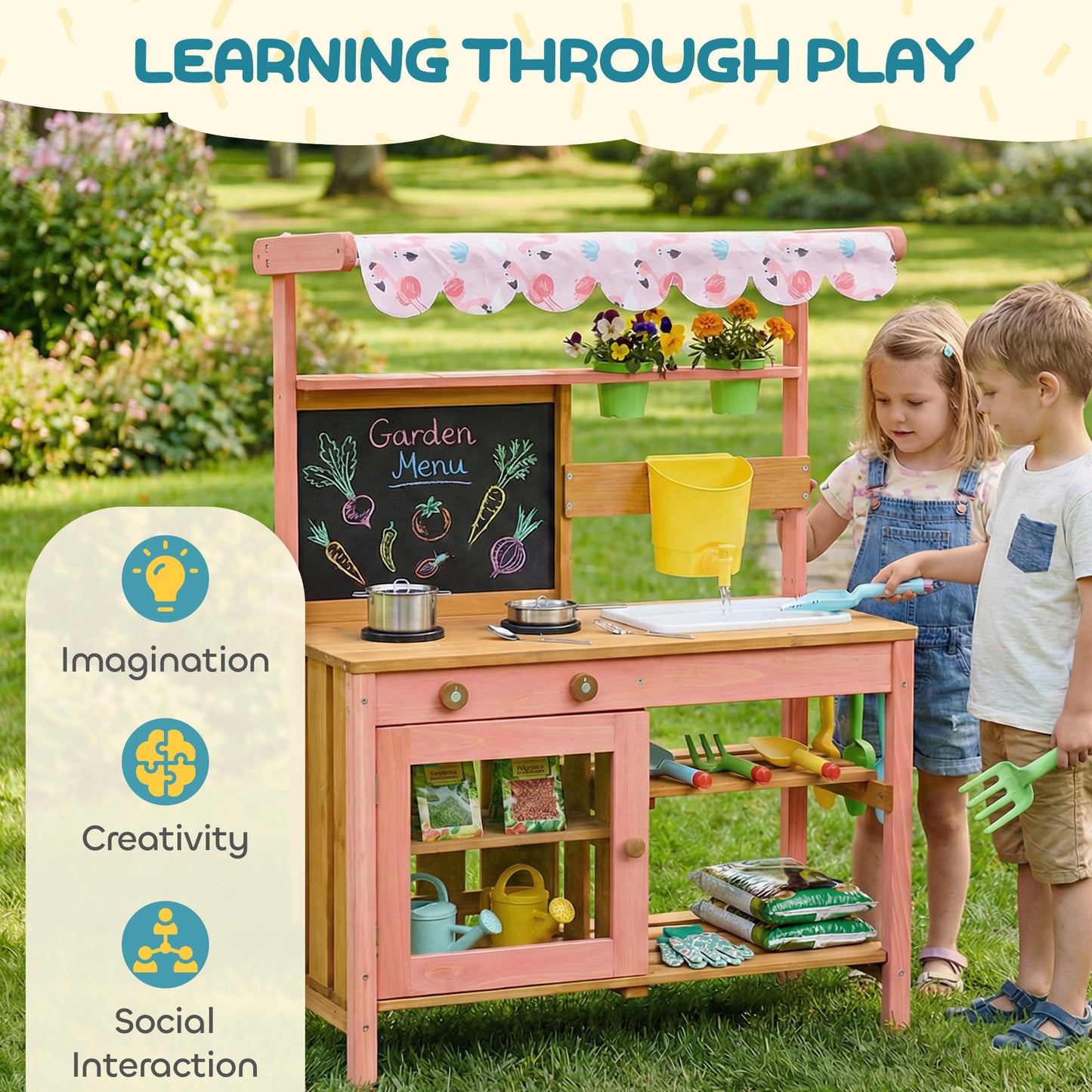 Wooden Kids Mud Kitchen with Canopy, Planter Box, Pink