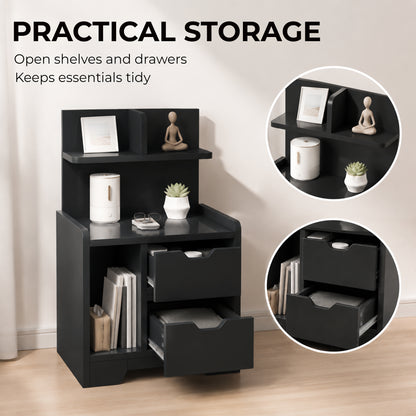 Modern Bedside Table with 2 Drawers and Open Shelves for Bedroom