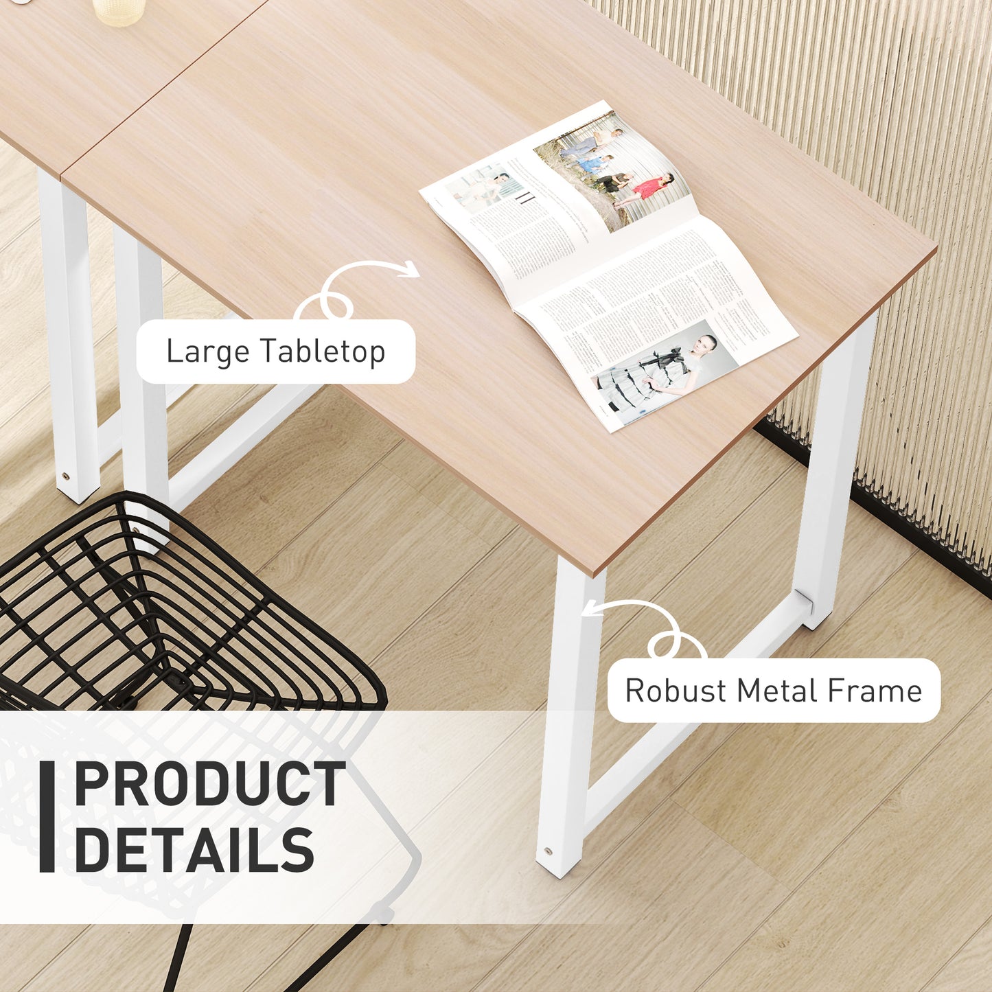 Computer Desk Dining Table Writing Table with Metal Frame, White