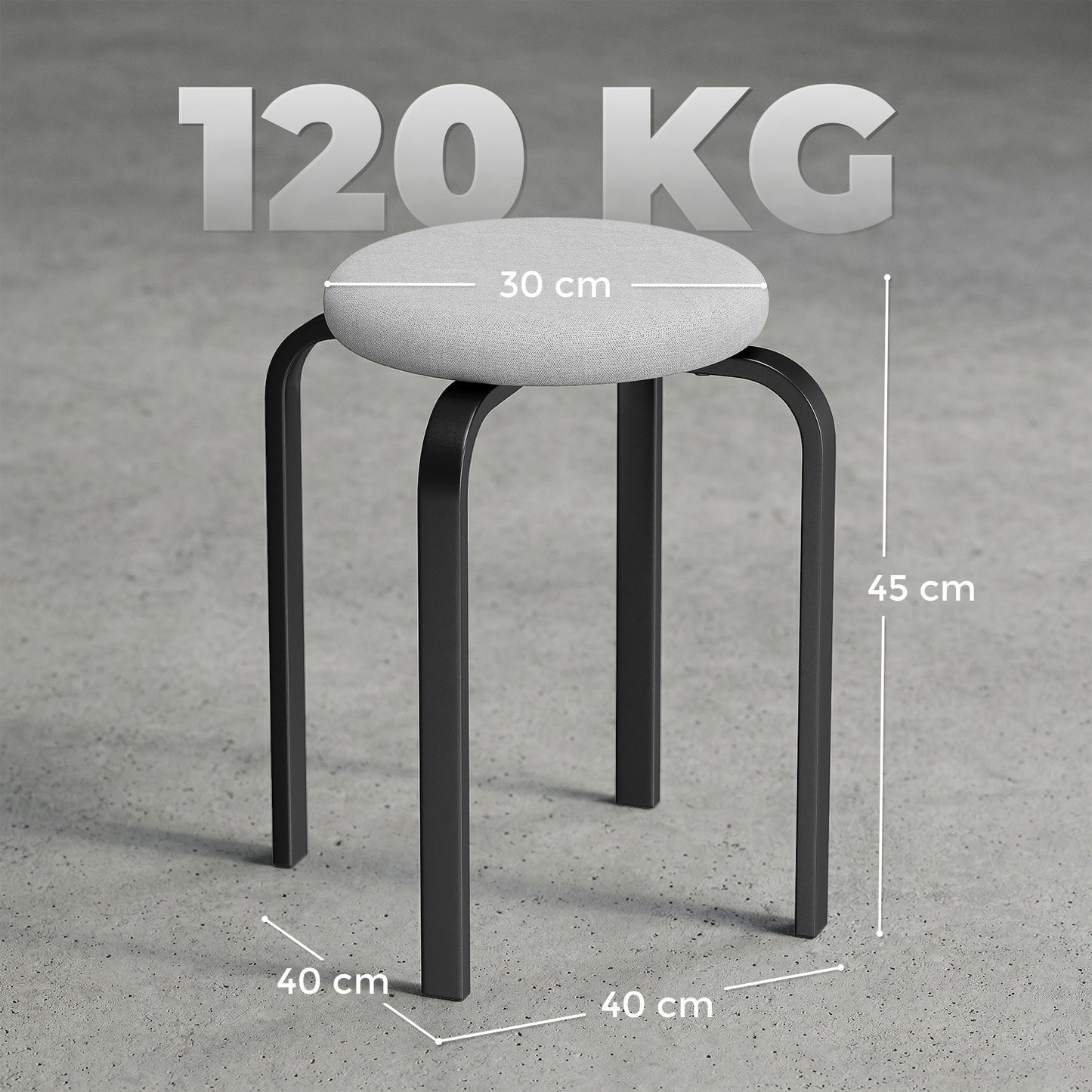 Stackable Stools Set of 4, Modern Cushioned Stacking Chairs, Round Backless Stools for Kitchen, Dining Room, Living Room, Grey