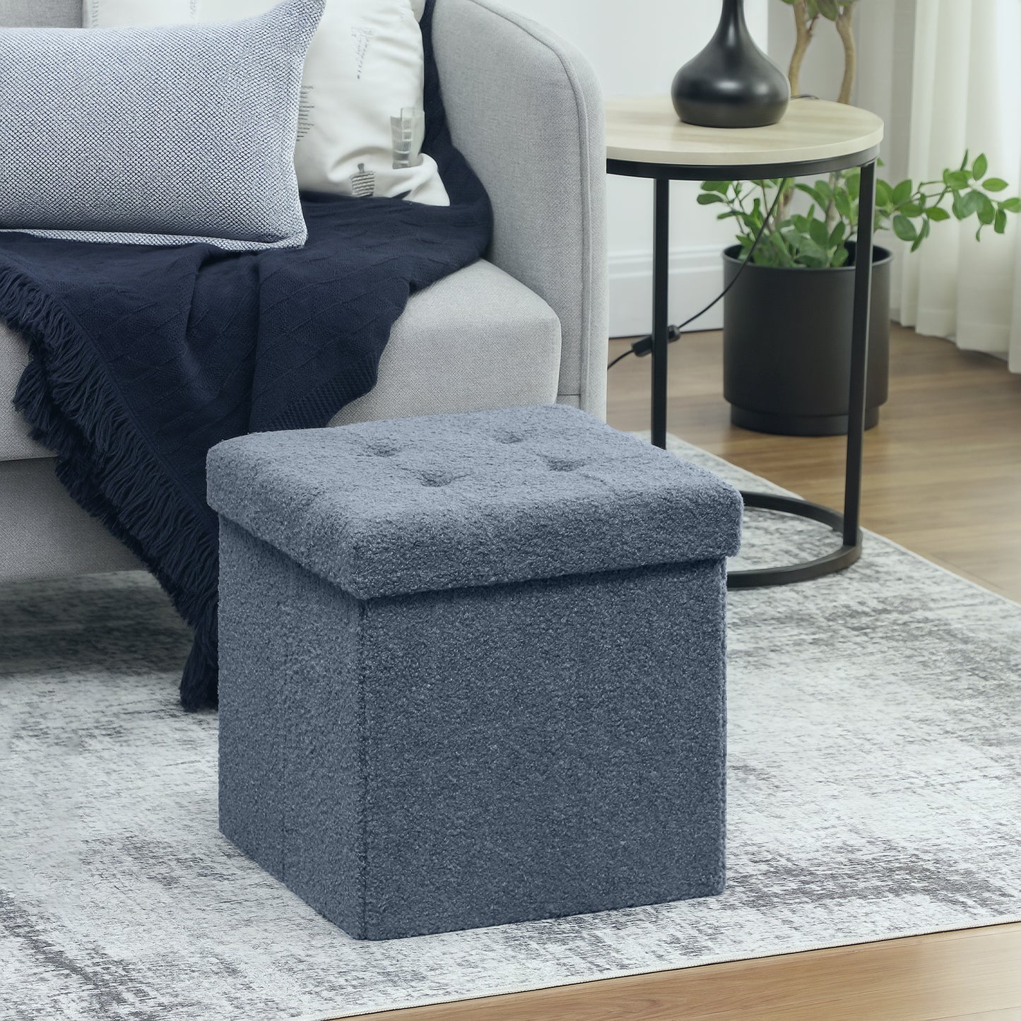 Foldable Sherpa Fleece Storage Ottoman, 38 x 38 x 38 cm, Blue