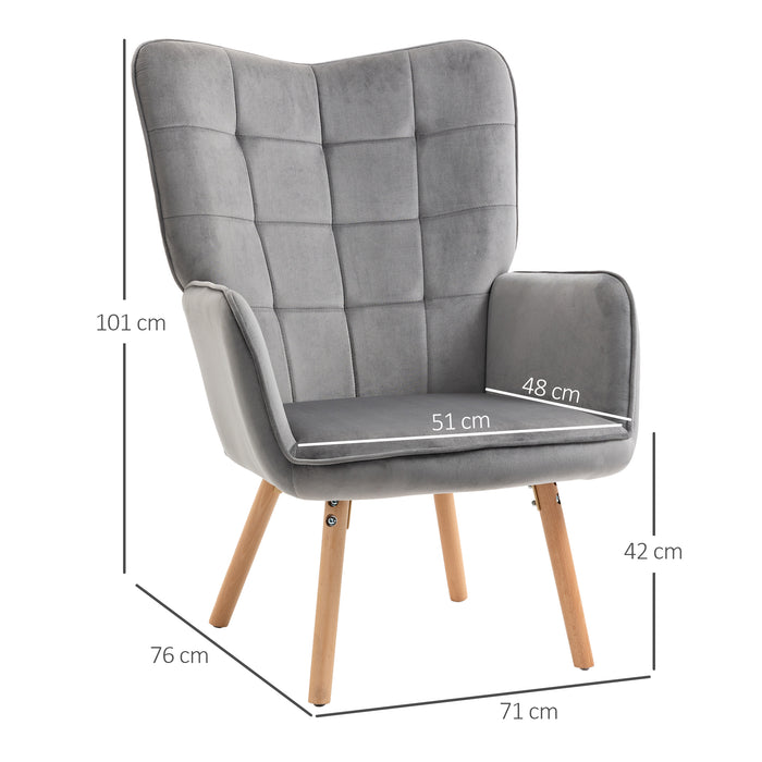 Modern Accent Chair Velvet-Touch Tufted Wingback Armchair Upholstered Leisure Lounge Sofa Club Chair with Wood Legs, Grey