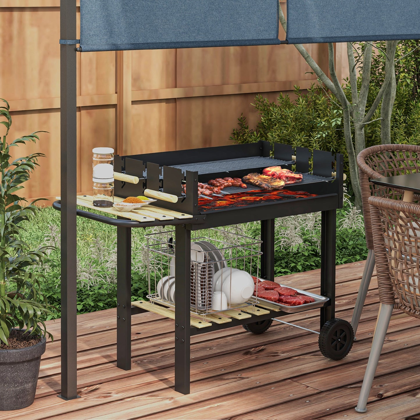 Charcoal BBQ Grill Barbecue with Side Table, Storage Shelf, Wheels