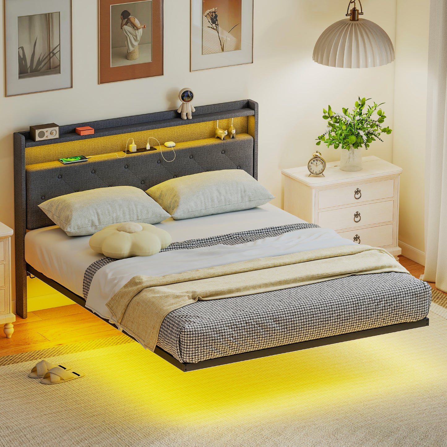 Floating Bed Frame with RGB Lights, Upholstered Double Size Bed, Grey
