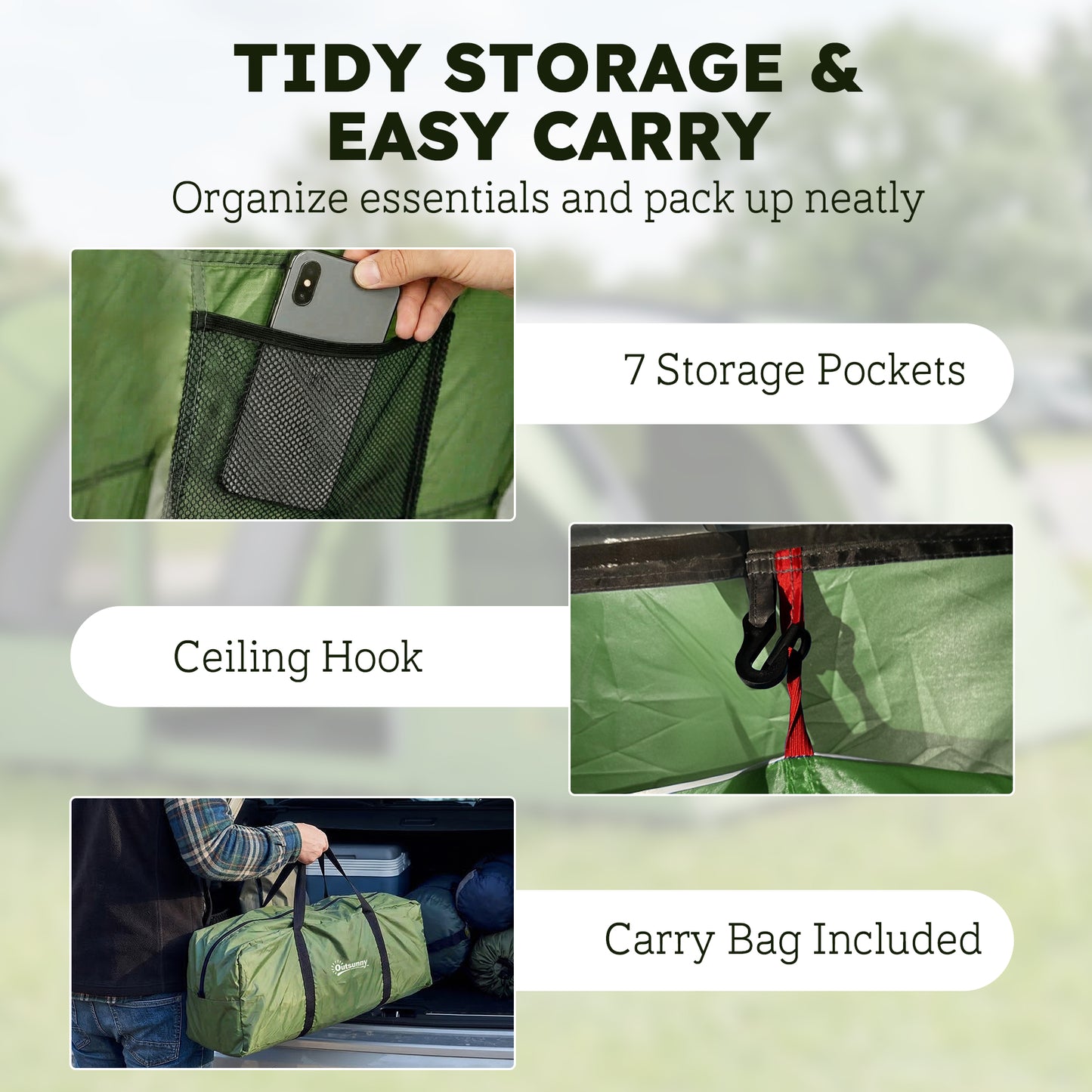 4 Person Easy Setup Family Camping Tent with 2 Rooms, Waterproof Tunnel Tent w/ Sewn In Groundsheet, Doors, Windows, Storage Pockets and Carrying Bag, Green & Grey