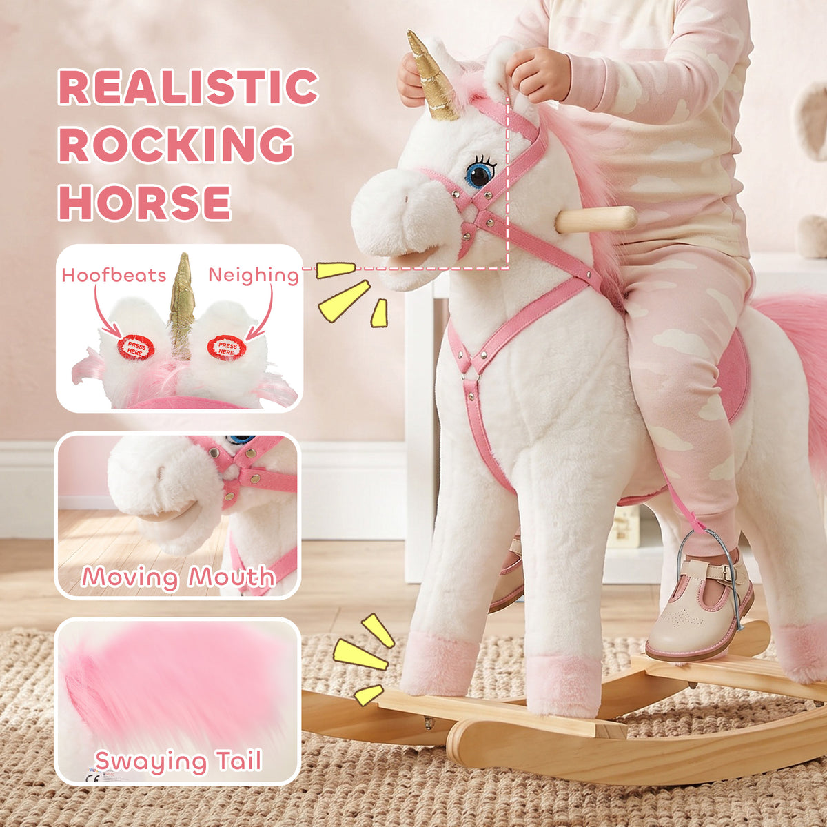Plush Rocking Unicorn with Sounds and Moving Mouth and Tail - White