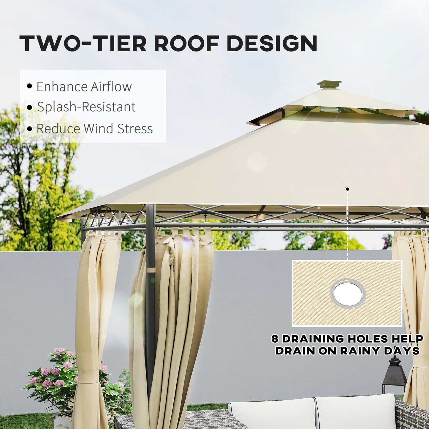3 x 3 m Double Roof Outdoor Gazebo with Curtains, Beige