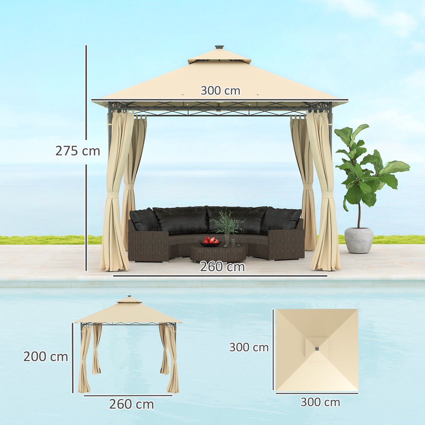 3 x 3 m Double Roof Outdoor Gazebo with Curtains, Beige
