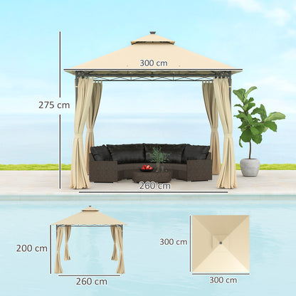 3 x 3 m Double Roof Outdoor Gazebo with Curtains, Beige