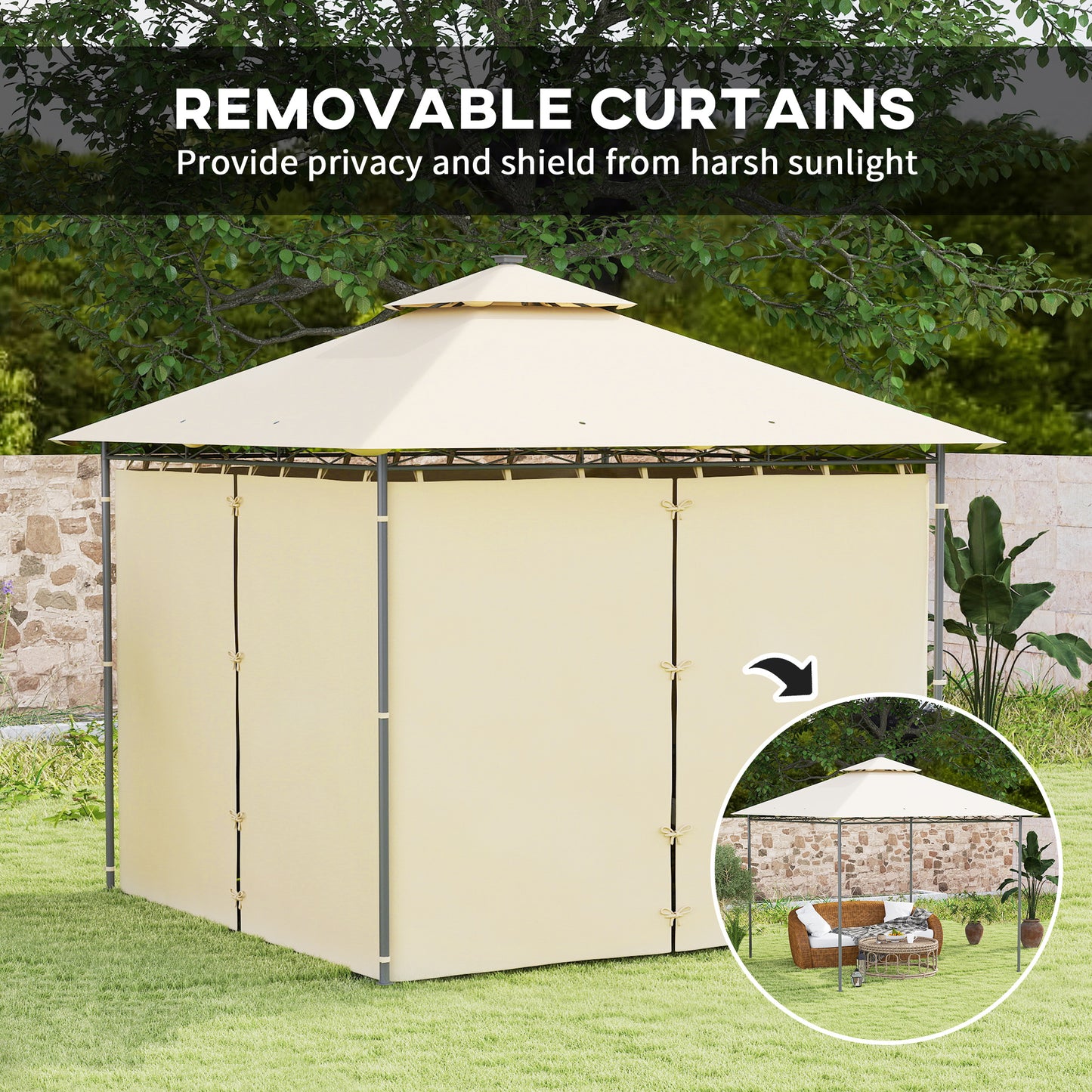3 x 3 m Double Roof Outdoor Gazebo with Curtains, Beige