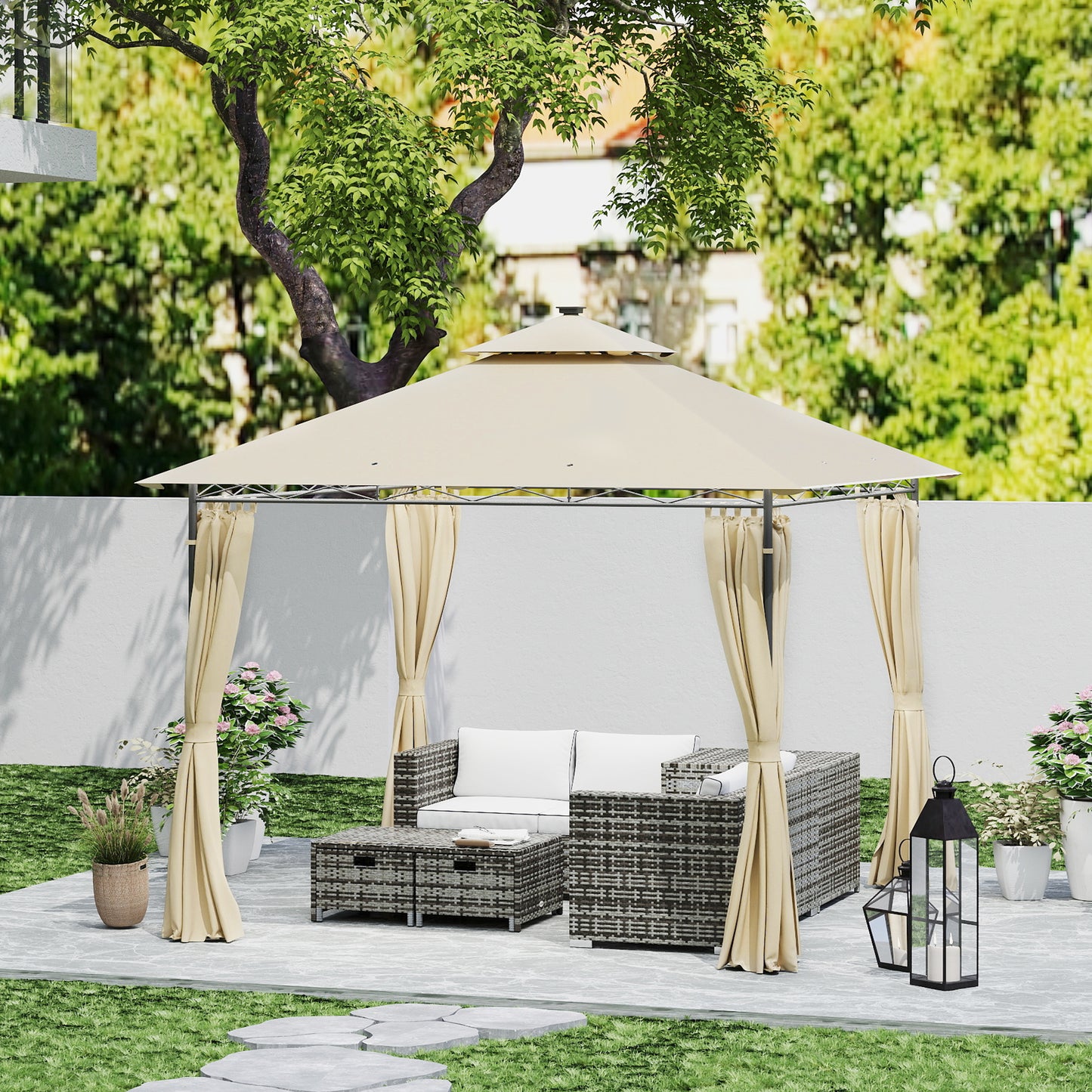 3 x 3 m Double Roof Outdoor Gazebo with Curtains, Beige
