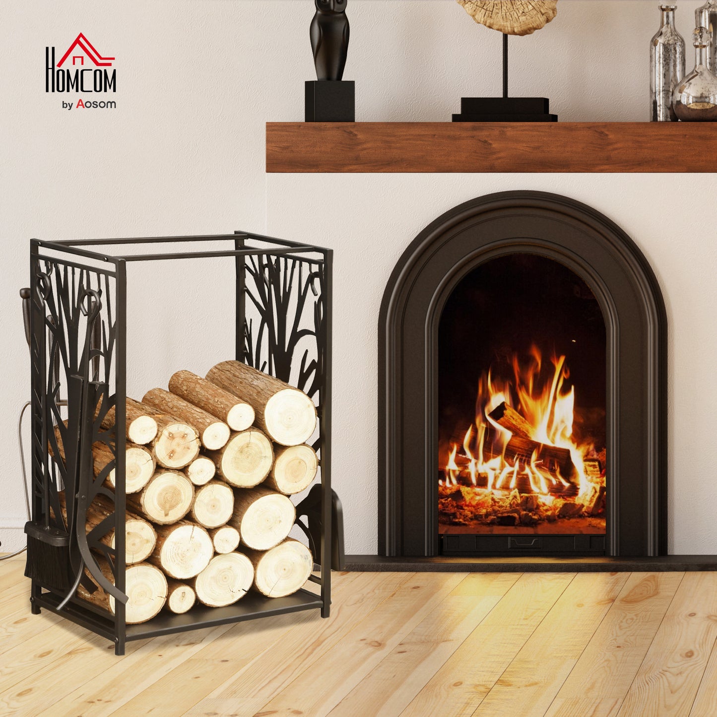 Steel Firewood Log Holder Indoor Outdoor Firewood Rack Fireplace Wood Storage Shelf with 4 Tools, Hooks, Tree Pattern Design, Rust-Resistant, Black, 46W x 30D x 70H cm