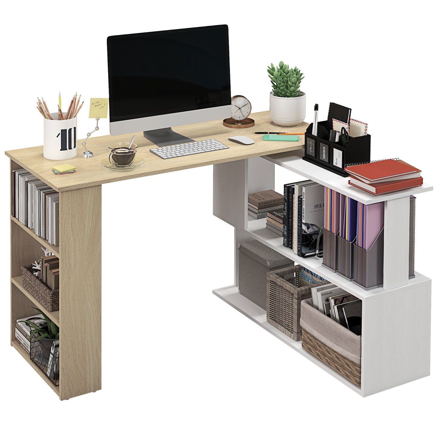 Corner Desk with Rotating Design and Bookshelf, Natural and White