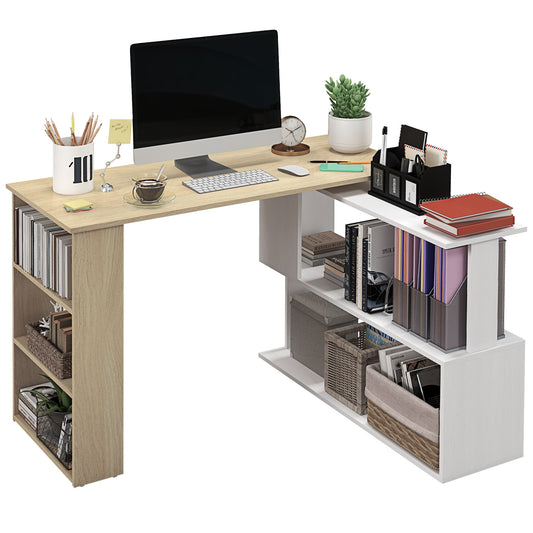 Corner Desk with Rotating Design and Bookshelf, Natural and White