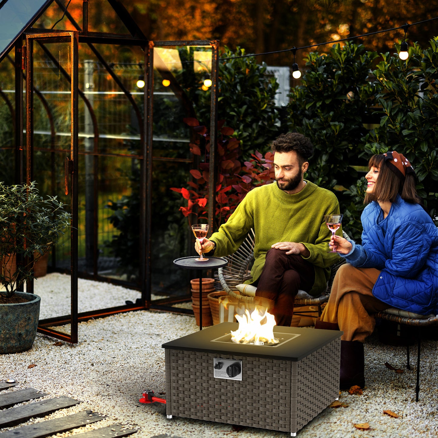 13 KW Rattan Gas Fire Pit Table, Propane Fire Pit for Garden, Grey