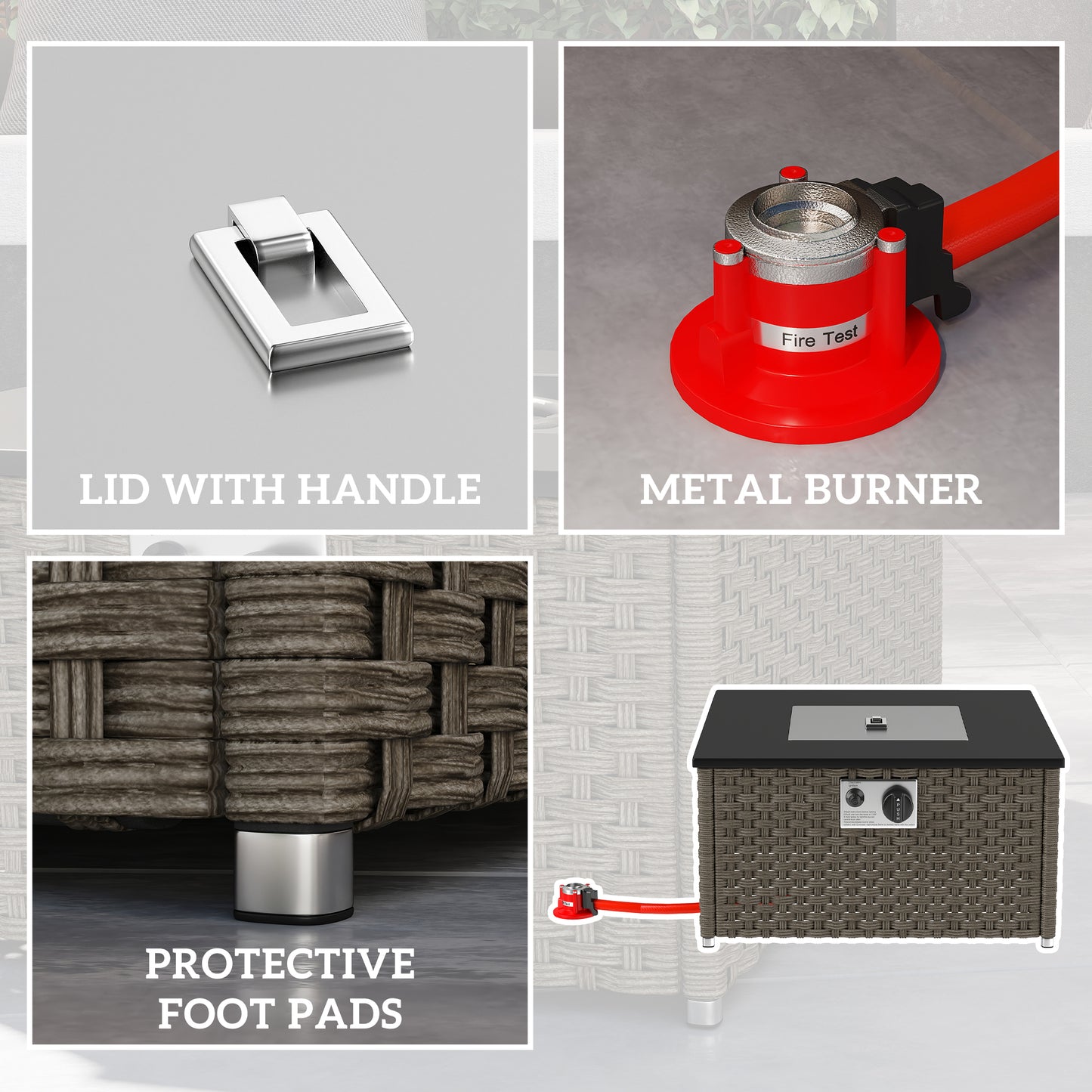 13 KW Rattan Gas Fire Pit Table, Propane Fire Pit for Garden, Grey