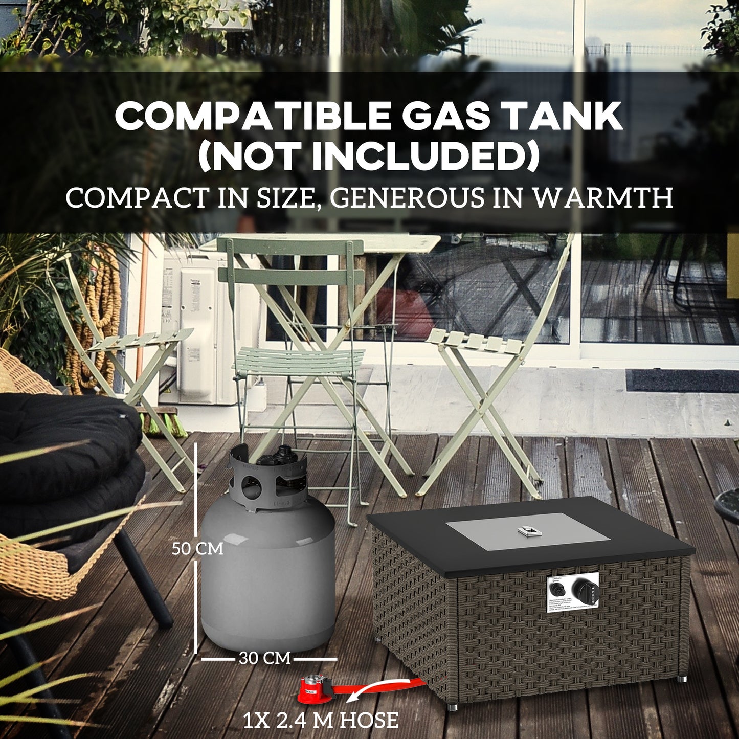 13 KW Rattan Gas Fire Pit Table, Propane Fire Pit for Garden, Grey