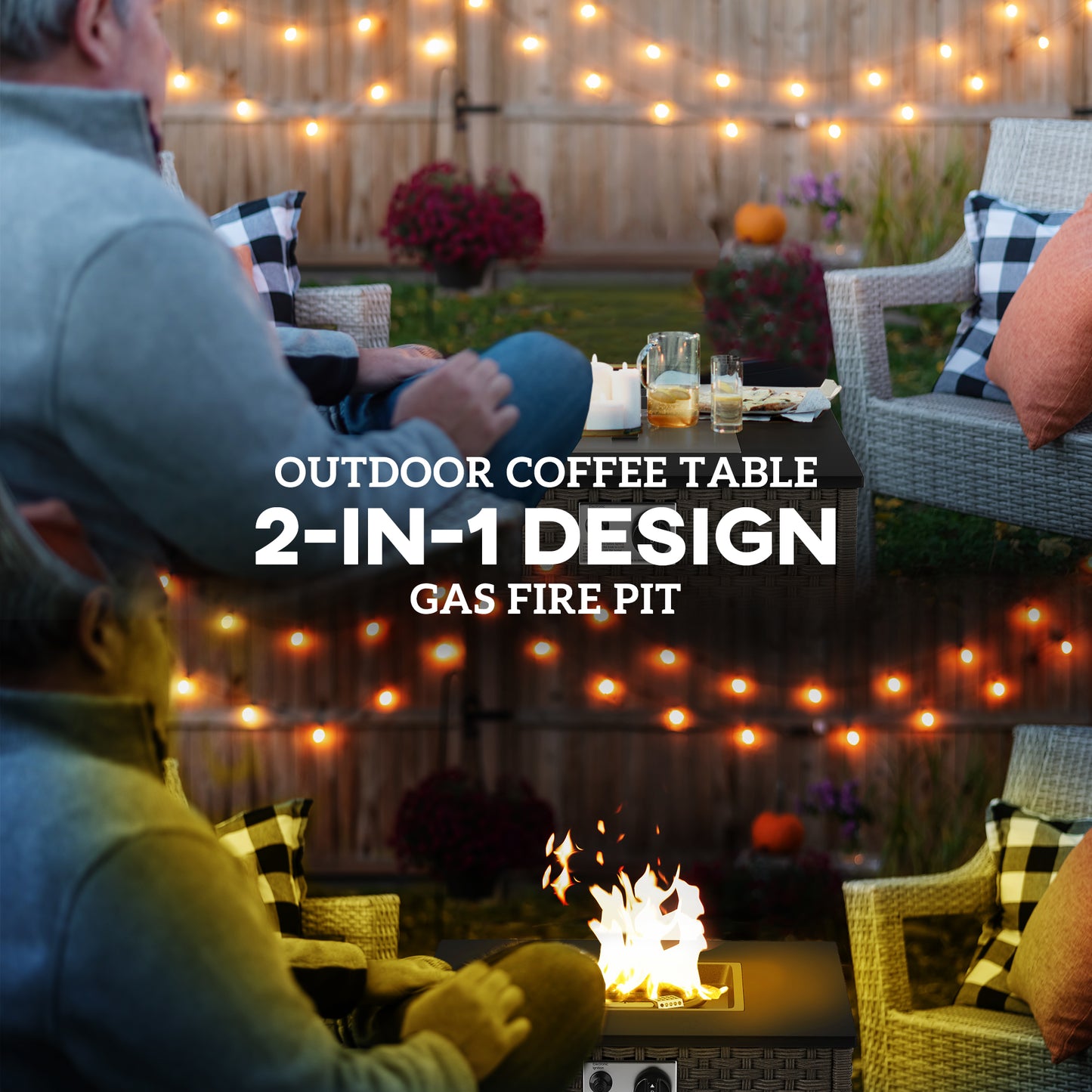 13 KW Rattan Gas Fire Pit Table, Propane Fire Pit for Garden, Grey