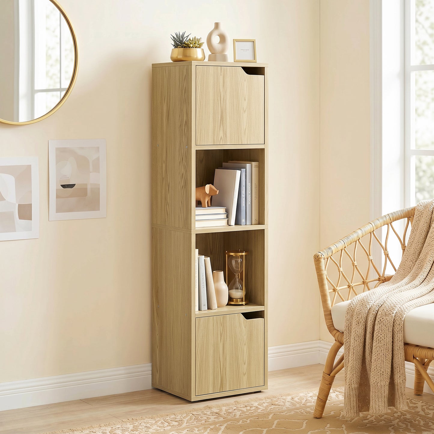 Bookcase with 2 Cabinets and Doors, 4-Tier Bookshelf, Storage Cabinet with Open Shelves and Anti-Tipping Design, for Living Room, Bedroom, Home Office, Oak
