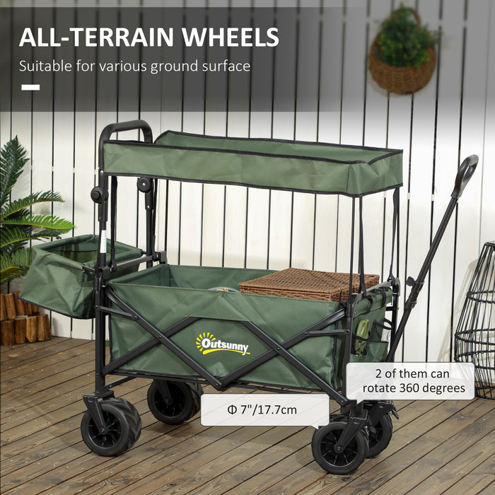 Folding Trolley Cart Storage Wagon Beach Trailer 4 Wheels with Handle Overhead Canopy Cart Push Pull for Camping, Green