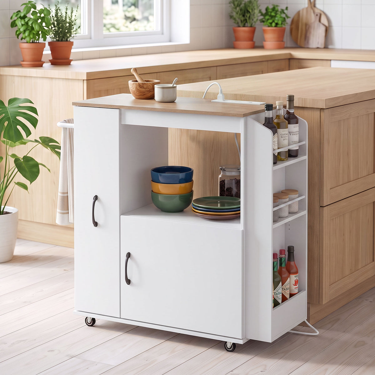 Kitchen Trolley on Wheels, Rolling Kitchen Cart with Power Outlet